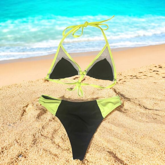 SHEIN Cheeky Neon Yellow & Black Mesh Triangle Bikini Set – Size Medium - Picture 1 of 5